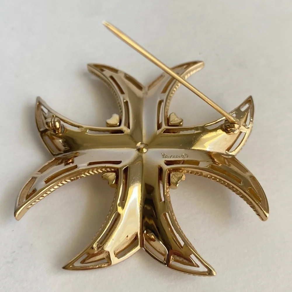Crown Trifari Maltese Cross Brooch Textured Gold Tone Estate Piece 1960s Vintage